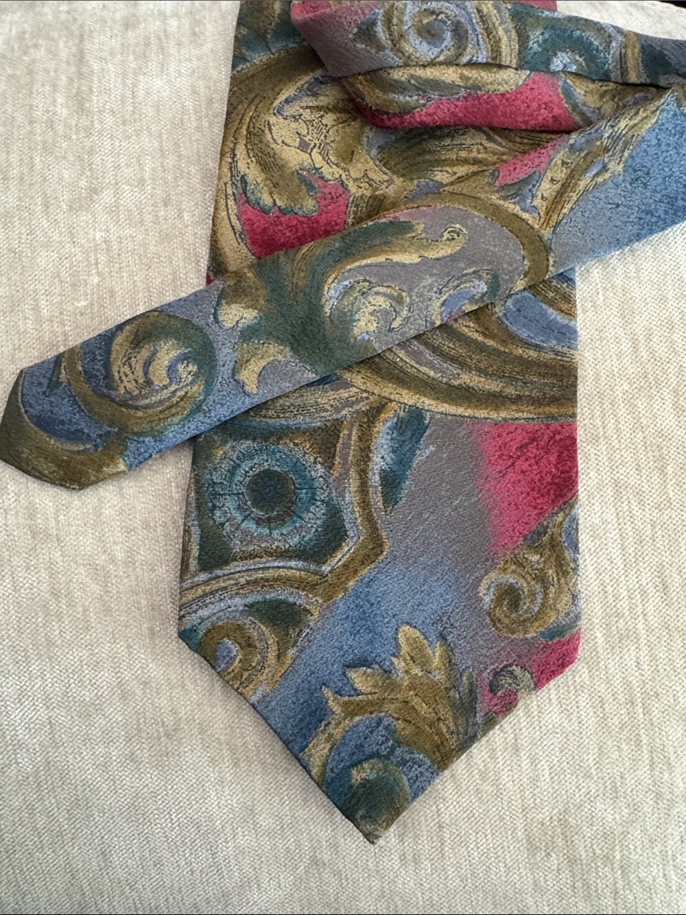 Karl Lagerfeld Baroque Print Silk Tie in Blue, Gold, and Burgundy